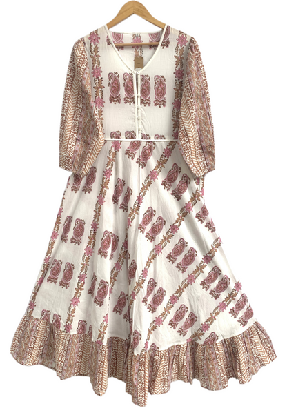 Blush Beige Paisley Hand Block Print Cotton Maxi Dress – Boho Tiered Long Dress with Puff Sleeves