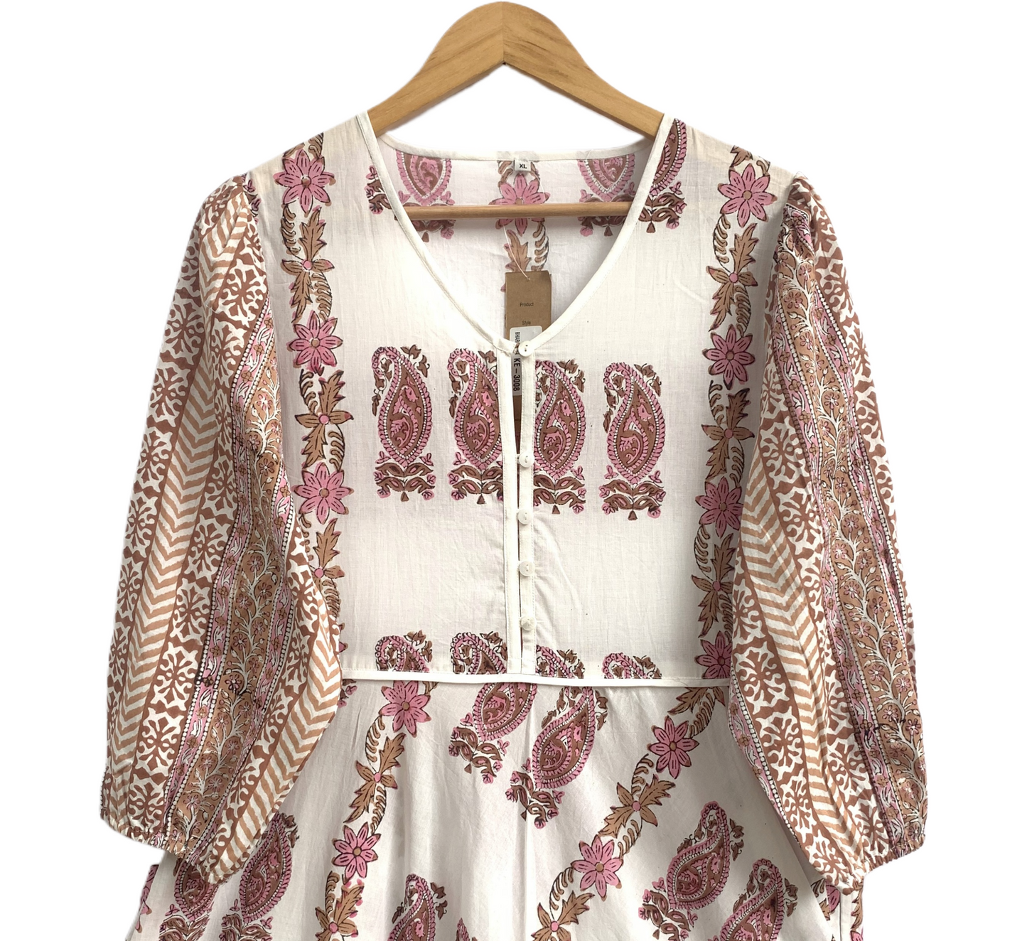 Blush Beige Paisley Hand Block Print Cotton Maxi Dress – Boho Tiered Long Dress with Puff Sleeves