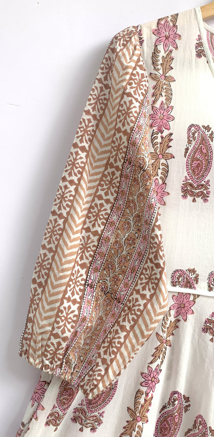 Blush Beige Paisley Hand Block Print Cotton Maxi Dress – Boho Tiered Long Dress with Puff Sleeves