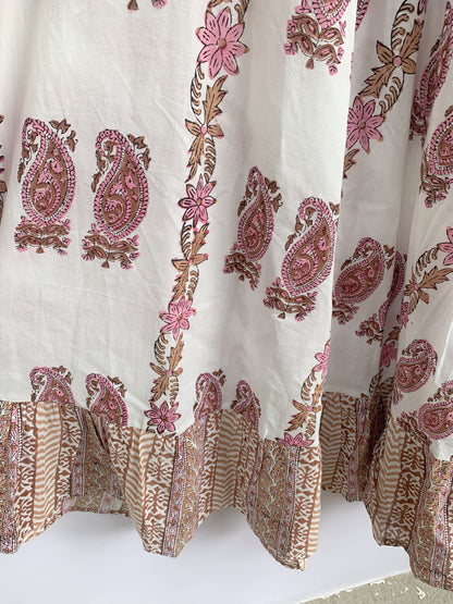Blush Beige Paisley Hand Block Print Cotton Maxi Dress – Boho Tiered Long Dress with Puff Sleeves