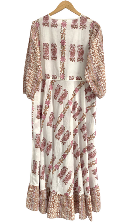 Blush Beige Paisley Hand Block Print Cotton Maxi Dress – Boho Tiered Long Dress with Puff Sleeves