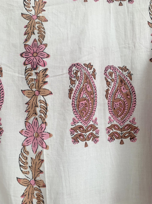 Blush Beige Paisley Hand Block Print Cotton Maxi Dress – Boho Tiered Long Dress with Puff Sleeves