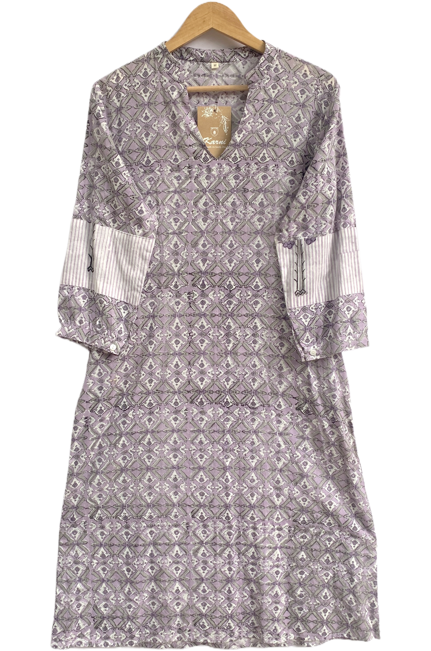 Lavender Grey Geometric Hand Block Print Cotton Midi Dress – Boho Indian Tunic Dress