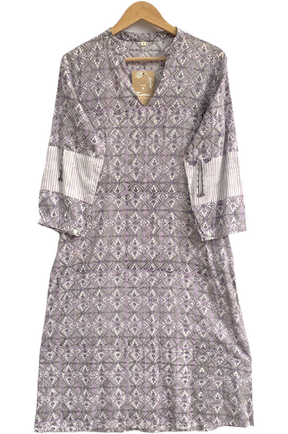 Lavender Grey Geometric Hand Block Print Cotton Midi Dress – Boho Indian Tunic Dress