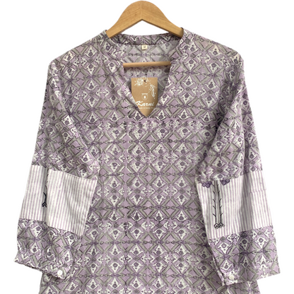 Lavender Grey Geometric Hand Block Print Cotton Midi Dress – Boho Indian Tunic Dress
