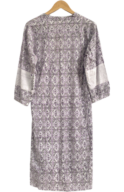 Lavender Grey Geometric Hand Block Print Cotton Midi Dress – Boho Indian Tunic Dress