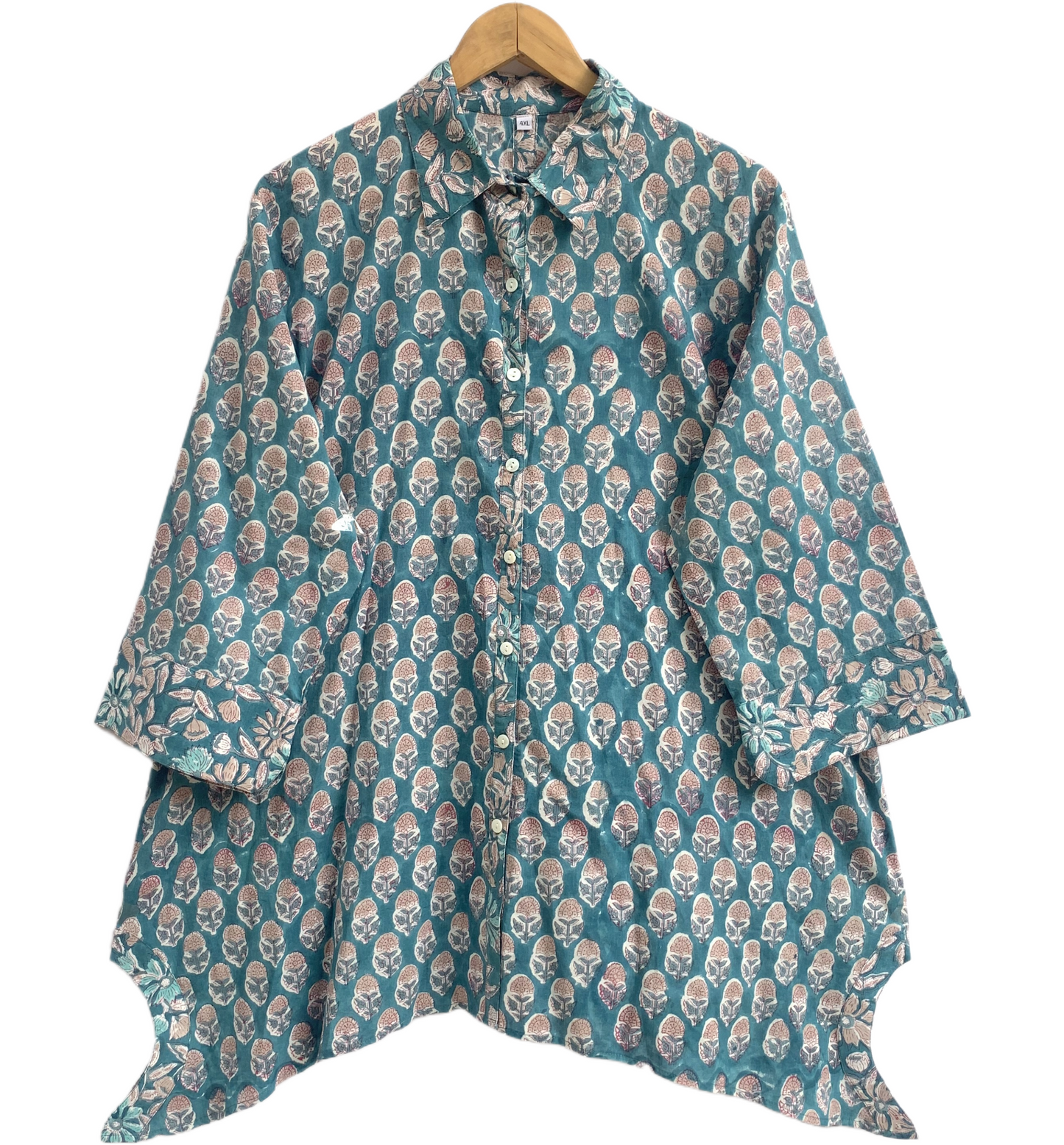 Teal Floral Hand Block Print Cotton Shirt Top – Boho Button Down Tunic with Wide Sleeves