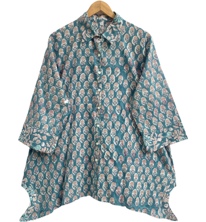 Teal Floral Hand Block Print Cotton Shirt Top – Boho Button Down Tunic with Wide Sleeves