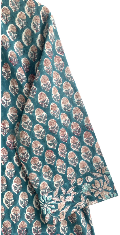 Teal Floral Hand Block Print Cotton Shirt Top – Boho Button Down Tunic with Wide Sleeves