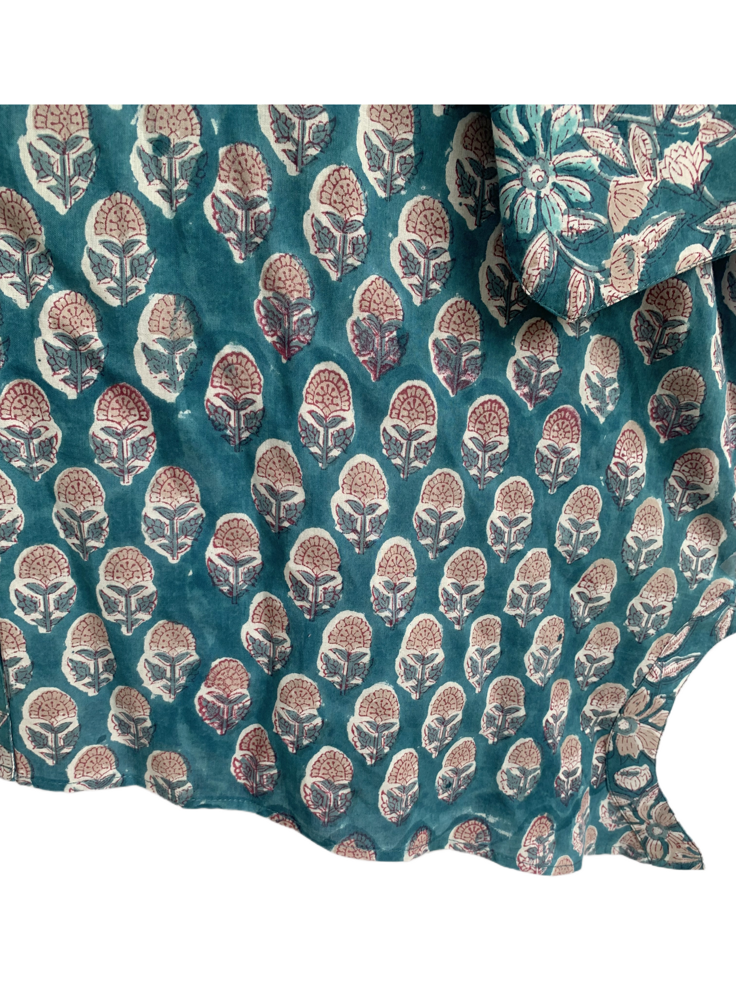 Teal Floral Hand Block Print Cotton Shirt Top – Boho Button Down Tunic with Wide Sleeves