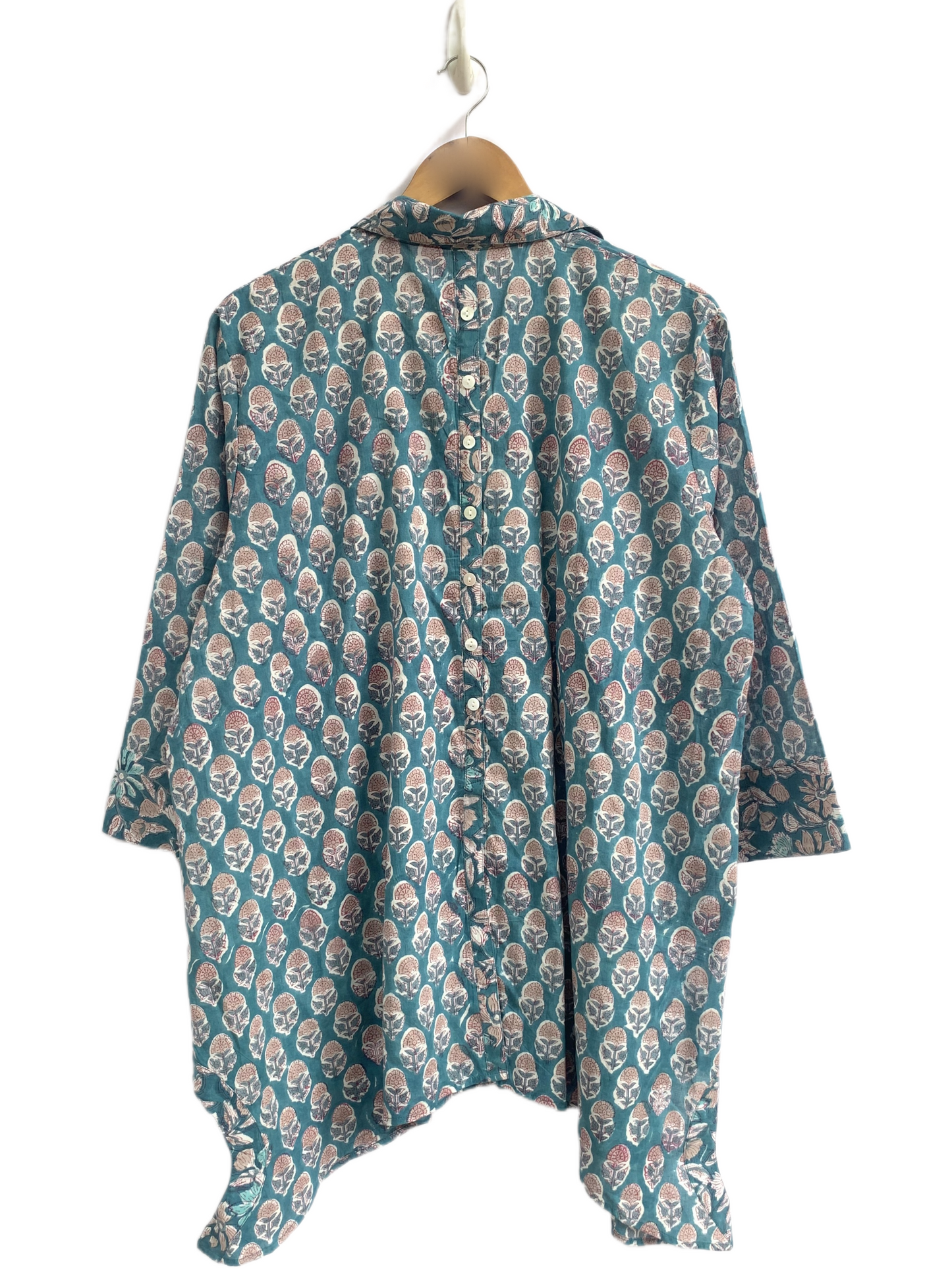 Teal Floral Hand Block Print Cotton Shirt Top – Boho Button Down Tunic with Wide Sleeves