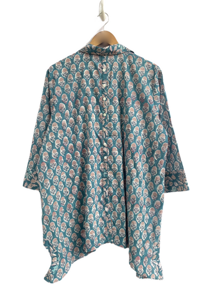Teal Floral Hand Block Print Cotton Shirt Top – Boho Button Down Tunic with Wide Sleeves