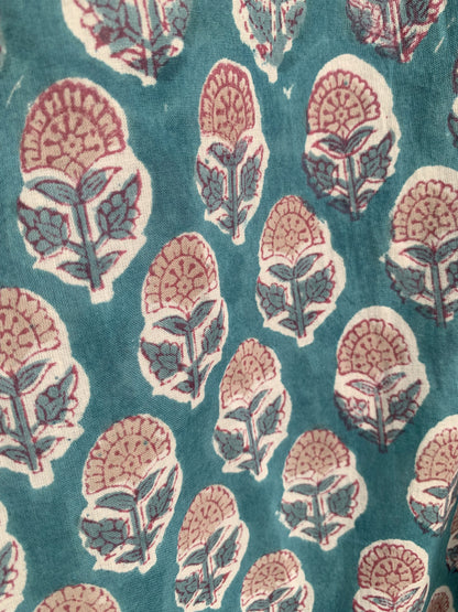 Teal Floral Hand Block Print Cotton Shirt Top – Boho Button Down Tunic with Wide Sleeves
