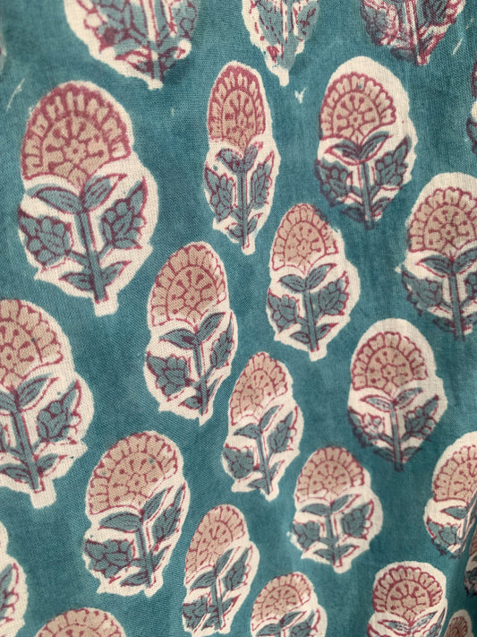 Teal Floral Hand Block Print Cotton Shirt Top – Boho Button Down Tunic with Wide Sleeves