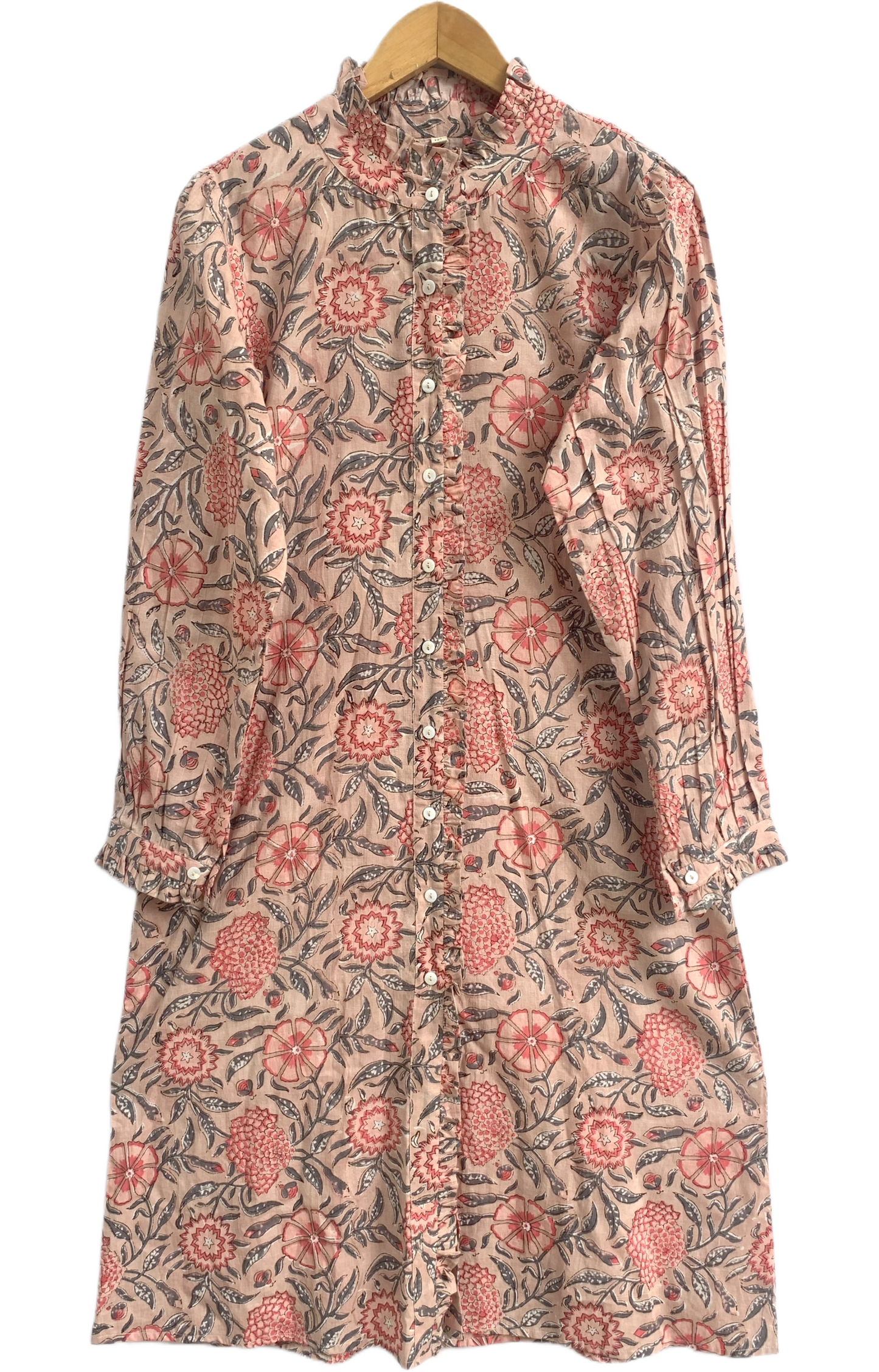 Beige Floral Hand Block Print Cotton Shirt Dress – Boho Button Down Tunic Dress with Ruffle Neck & Long Sleeves