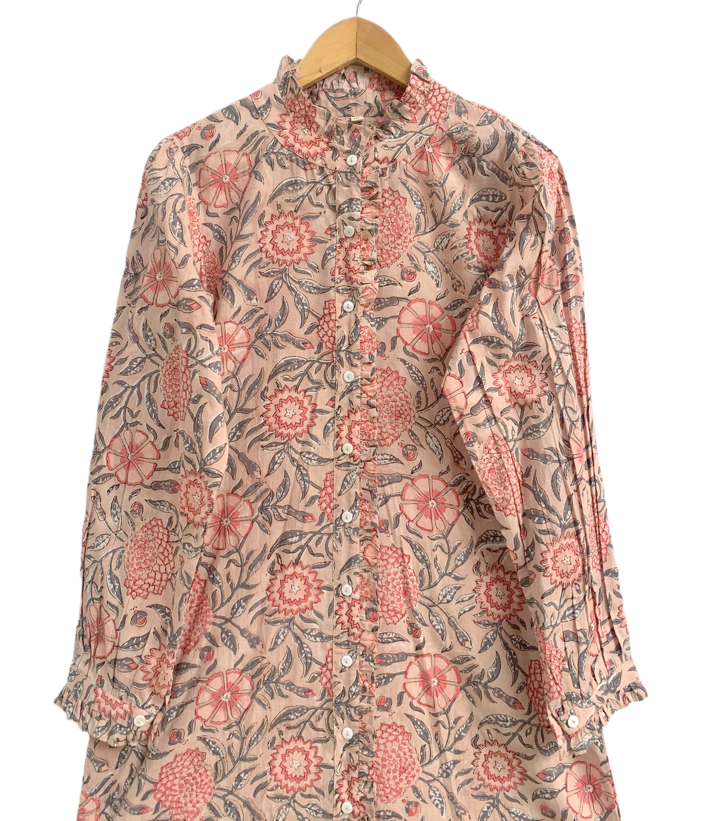 Beige Floral Hand Block Print Cotton Shirt Dress – Boho Button Down Tunic Dress with Ruffle Neck & Long Sleeves