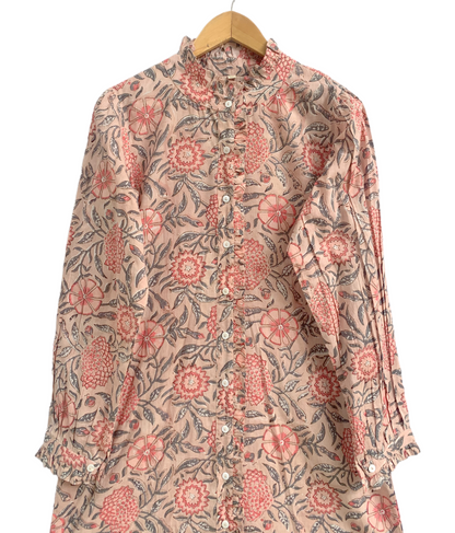 Beige Floral Hand Block Print Cotton Shirt Dress – Boho Button Down Tunic Dress with Ruffle Neck & Long Sleeves