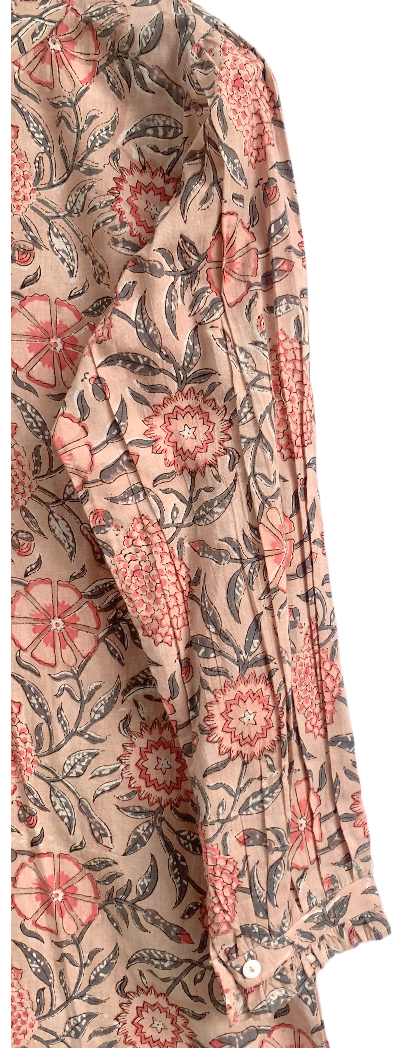 Beige Floral Hand Block Print Cotton Shirt Dress – Boho Button Down Tunic Dress with Ruffle Neck & Long Sleeves