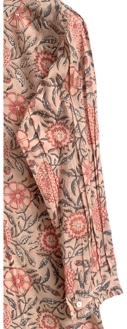 Beige Floral Hand Block Print Cotton Shirt Dress – Boho Button Down Tunic Dress with Ruffle Neck & Long Sleeves