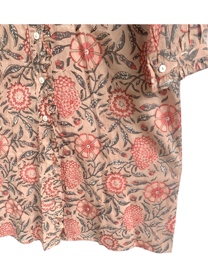 Beige Floral Hand Block Print Cotton Shirt Dress – Boho Button Down Tunic Dress with Ruffle Neck & Long Sleeves