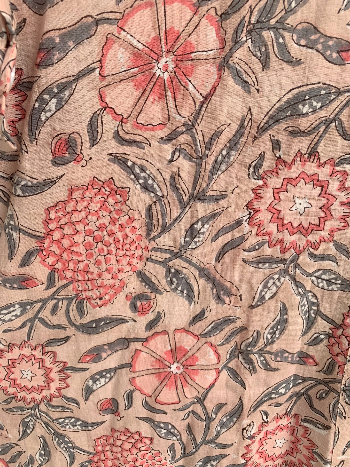 Beige Floral Hand Block Print Cotton Shirt Dress – Boho Button Down Tunic Dress with Ruffle Neck & Long Sleeves