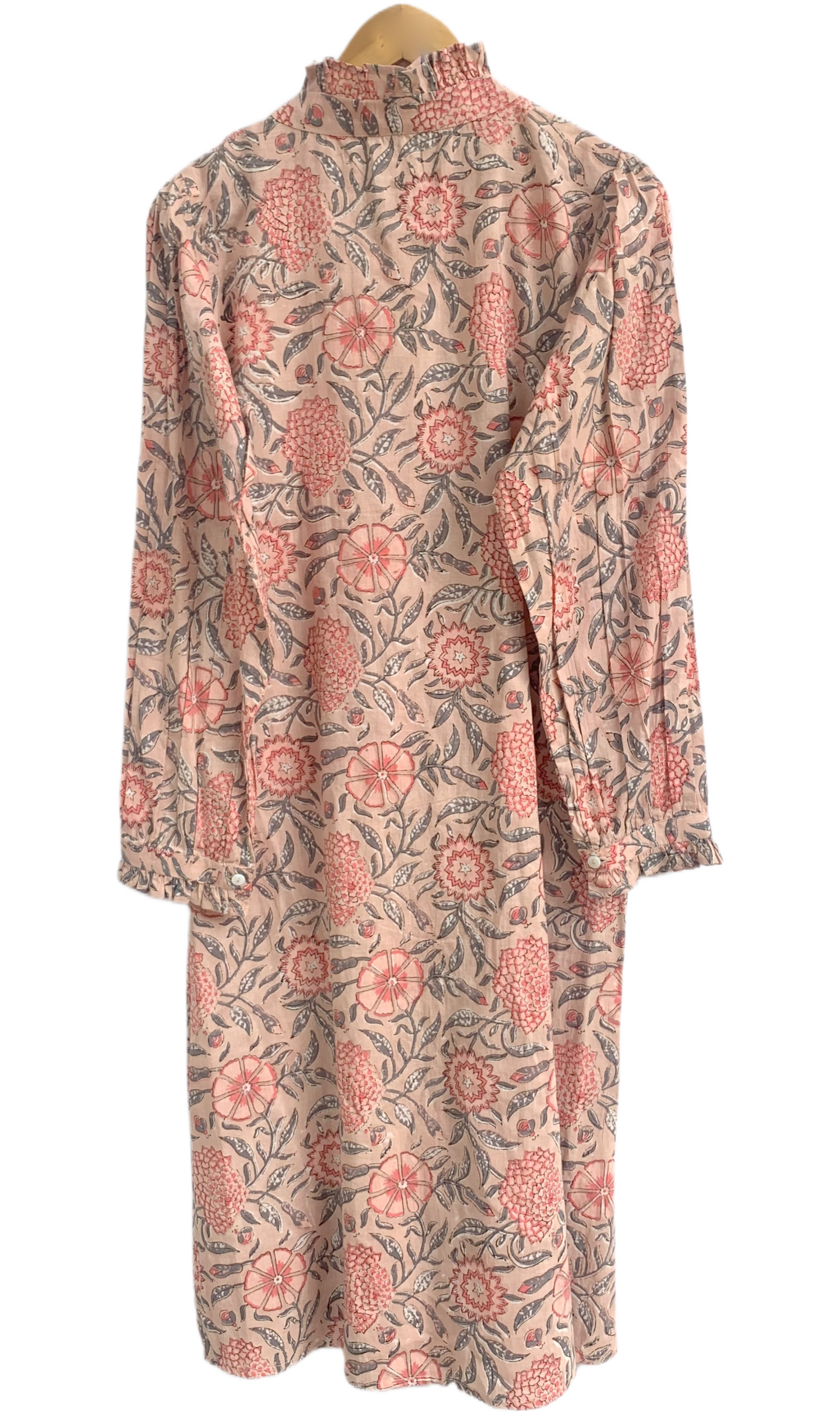 Beige Floral Hand Block Print Cotton Shirt Dress – Boho Button Down Tunic Dress with Ruffle Neck & Long Sleeves