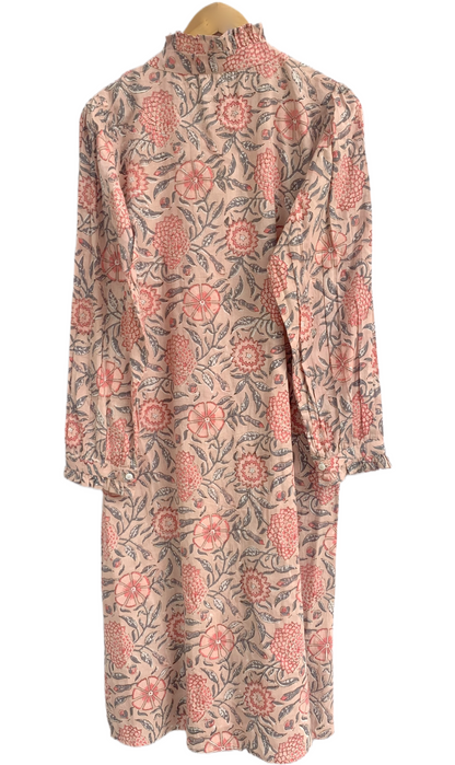 Beige Floral Hand Block Print Cotton Shirt Dress – Boho Button Down Tunic Dress with Ruffle Neck & Long Sleeves