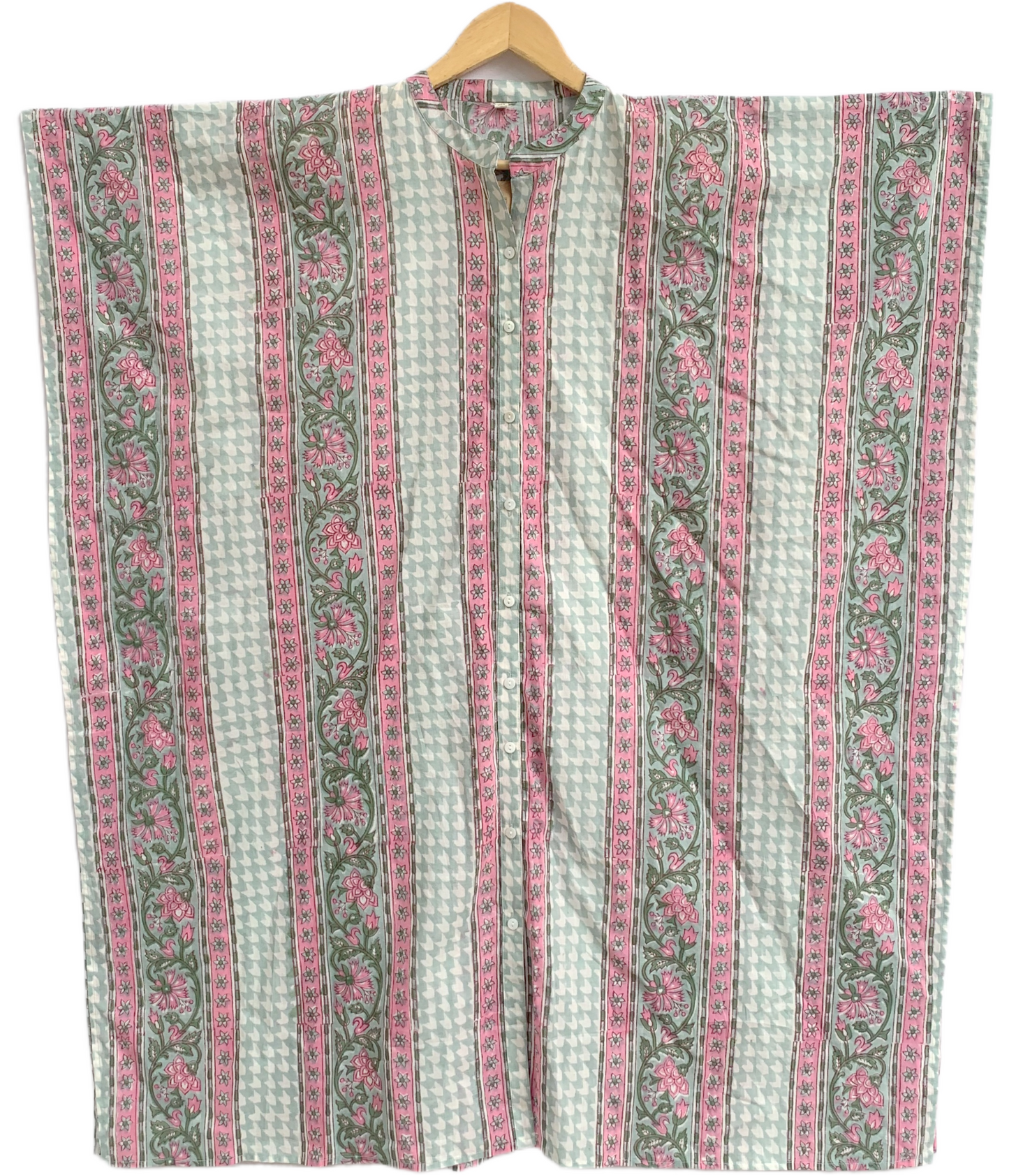 Mint Green & Pink Floral Stripe Hand Block Print Cotton Kaftan Dress