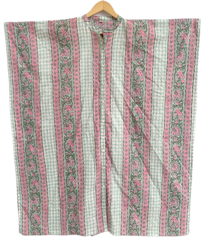 Mint Green & Pink Floral Stripe Hand Block Print Cotton Kaftan Dress