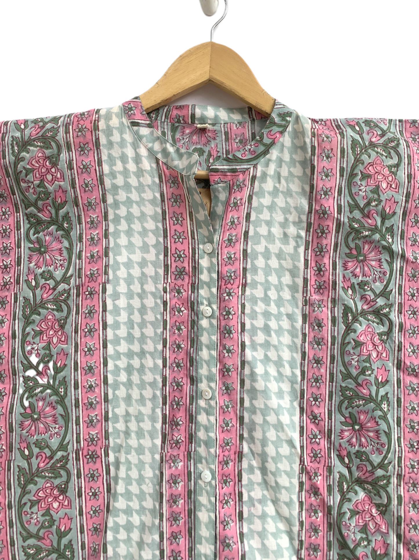 Mint Green & Pink Floral Stripe Hand Block Print Cotton Kaftan Dress