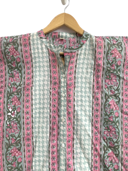 Mint Green & Pink Floral Stripe Hand Block Print Cotton Kaftan Dress