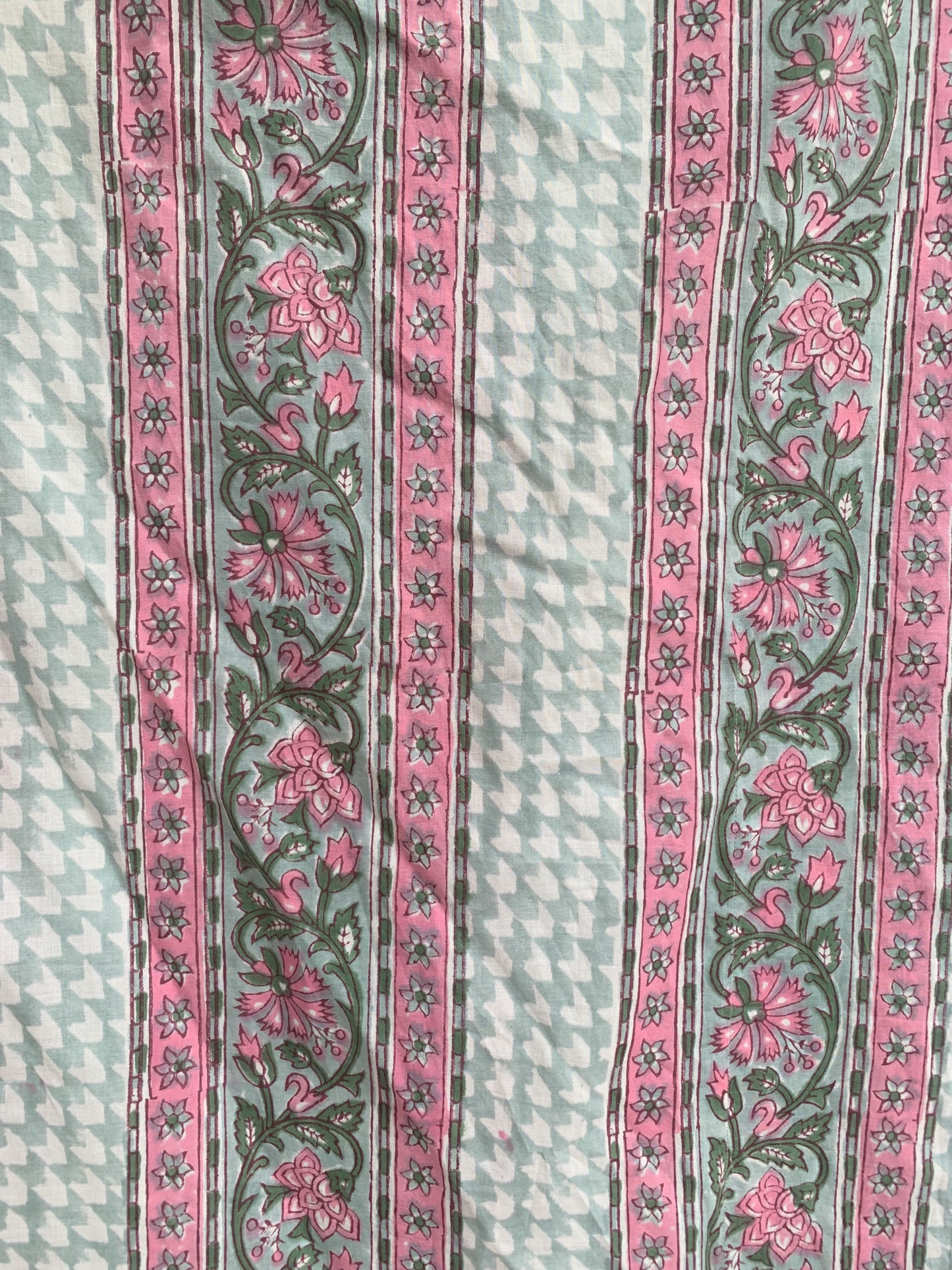 Mint Green & Pink Floral Stripe Hand Block Print Cotton Kaftan Dress