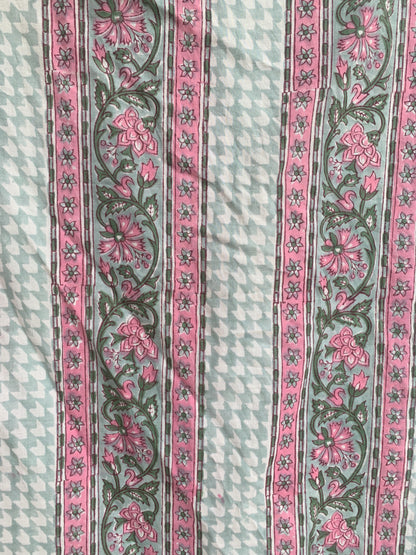 Mint Green & Pink Floral Stripe Hand Block Print Cotton Kaftan Dress