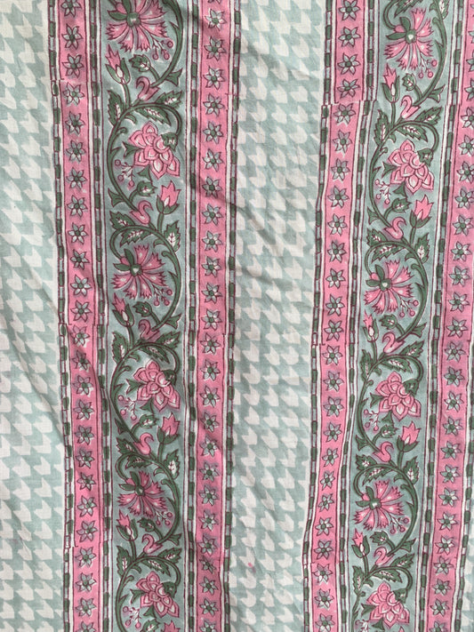 Mint Green & Pink Floral Stripe Hand Block Print Cotton Kaftan Dress