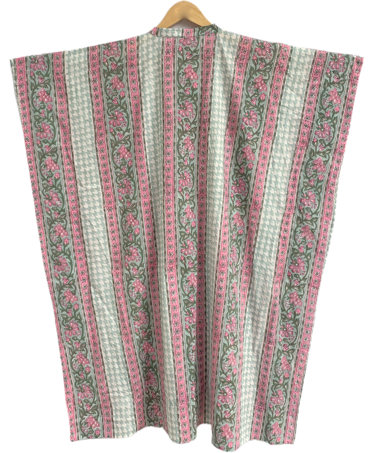 Mint Green & Pink Floral Stripe Hand Block Print Cotton Kaftan Dress