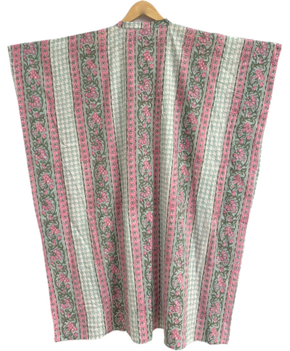 Mint Green & Pink Floral Stripe Hand Block Print Cotton Kaftan Dress