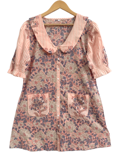 Peach Pink Floral Print Cotton Mini Dress – Boho Peter Pan Collar Dress with Striped Details