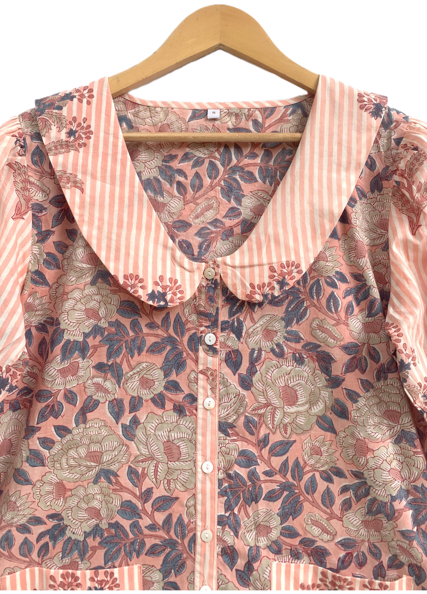 Peach Pink Floral Print Cotton Mini Dress – Boho Peter Pan Collar Dress with Striped Details