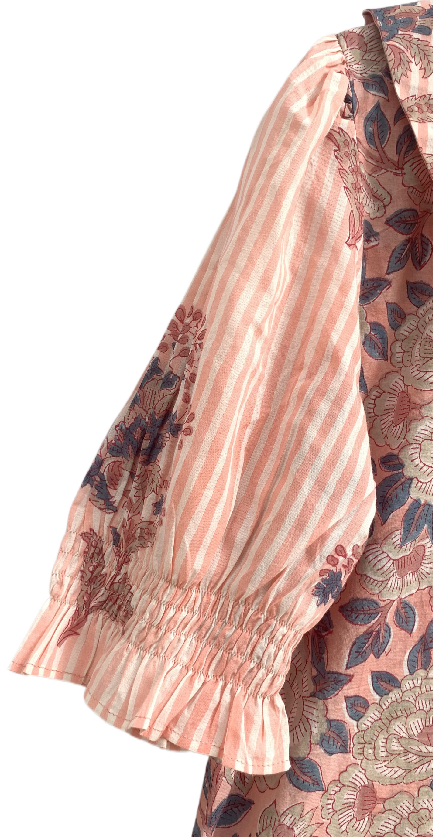 Peach Pink Floral Print Cotton Mini Dress – Boho Peter Pan Collar Dress with Striped Details