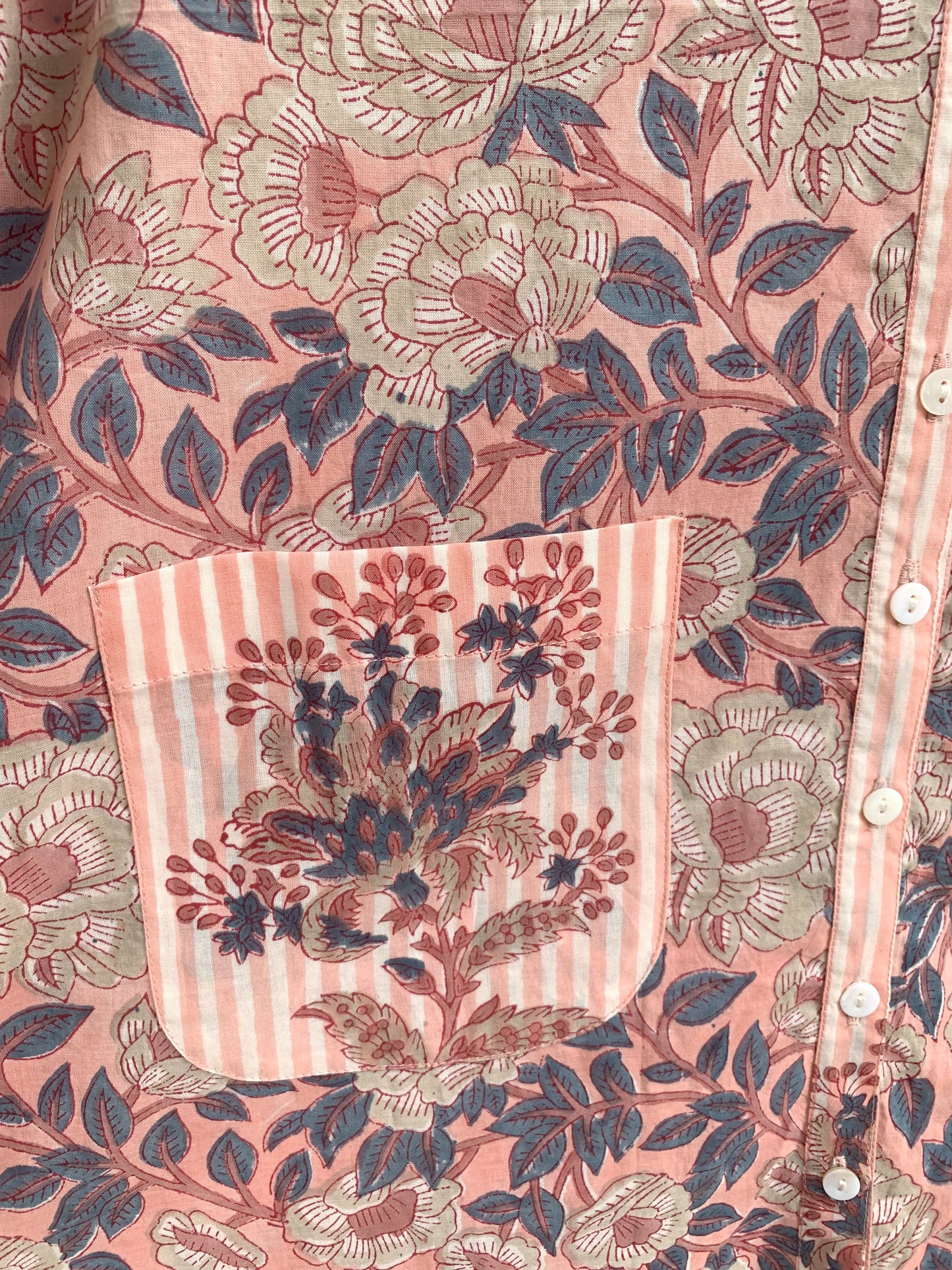 Peach Pink Floral Print Cotton Mini Dress – Boho Peter Pan Collar Dress with Striped Details