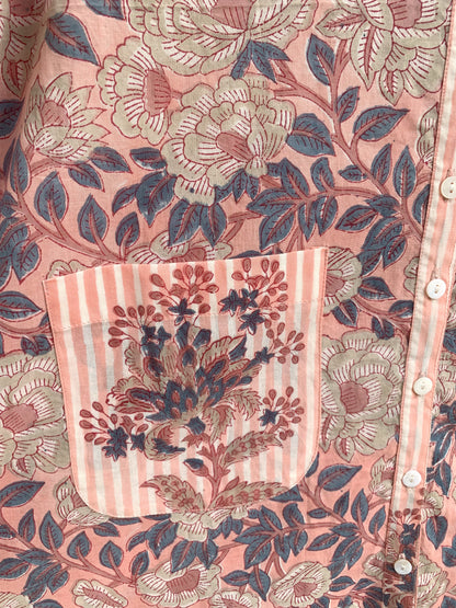 Peach Pink Floral Print Cotton Mini Dress – Boho Peter Pan Collar Dress with Striped Details