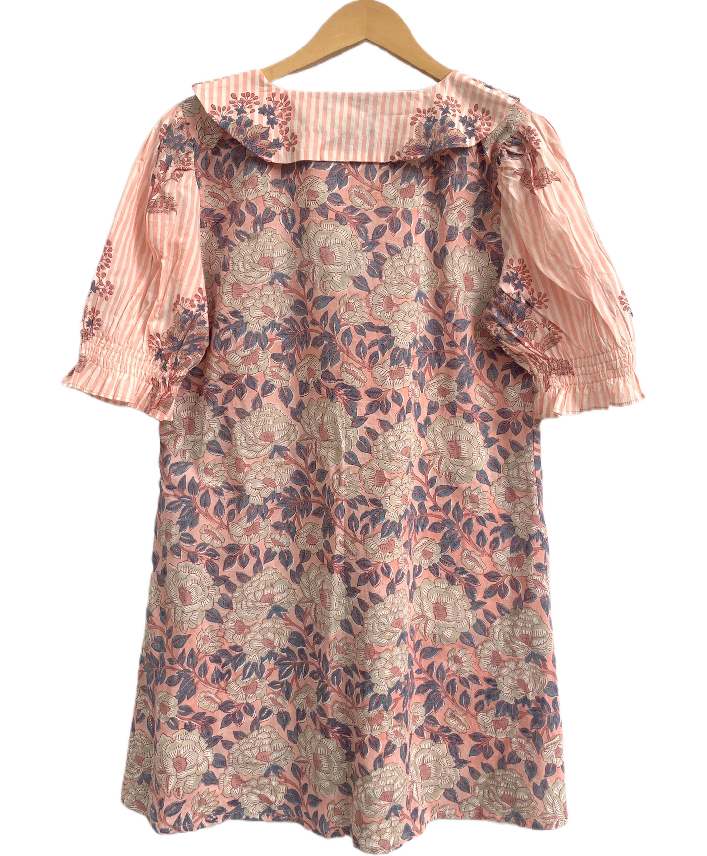 Peach Pink Floral Print Cotton Mini Dress – Boho Peter Pan Collar Dress with Striped Details