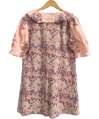 Peach Pink Floral Print Cotton Mini Dress – Boho Peter Pan Collar Dress with Striped Details