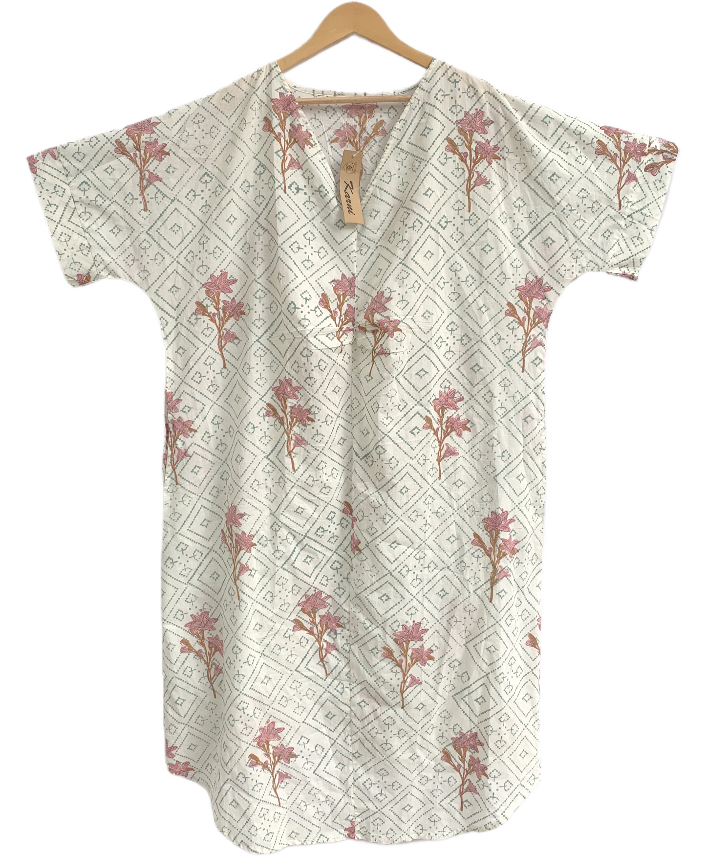Ivory Floral Geometric Hand Block Print Cotton Beach Mini Kaftan Dress– Boho Resort Tunic with V Neck & Relaxed Fit