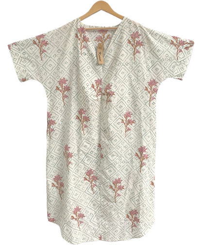 Ivory Floral Geometric Hand Block Print Cotton Beach Mini Kaftan Dress– Boho Resort Tunic with V Neck & Relaxed Fit