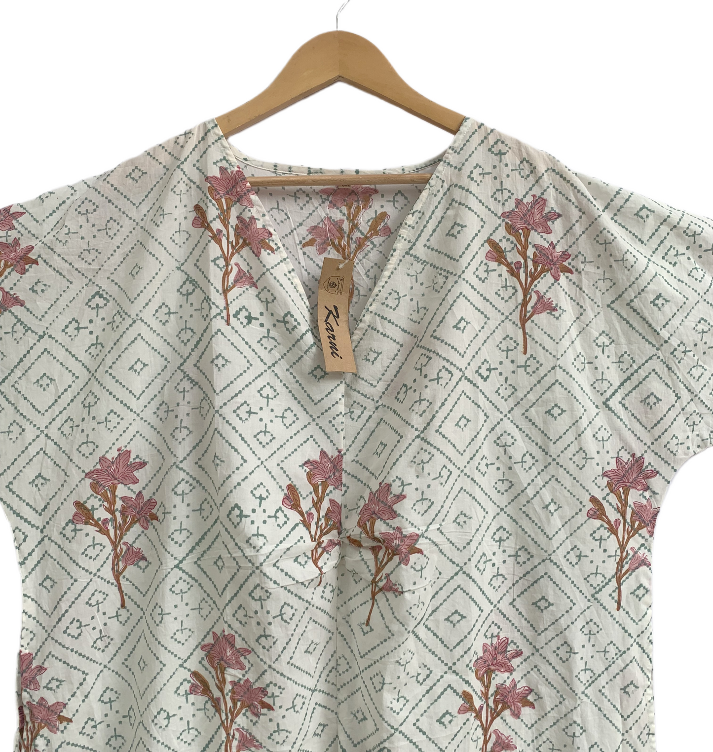 Ivory Floral Geometric Hand Block Print Cotton Beach Mini Kaftan Dress– Boho Resort Tunic with V Neck & Relaxed Fit