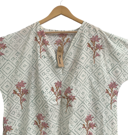 Ivory Floral Geometric Hand Block Print Cotton Beach Mini Kaftan Dress– Boho Resort Tunic with V Neck & Relaxed Fit