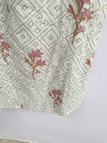 Ivory Floral Geometric Hand Block Print Cotton Beach Mini Kaftan Dress– Boho Resort Tunic with V Neck & Relaxed Fit