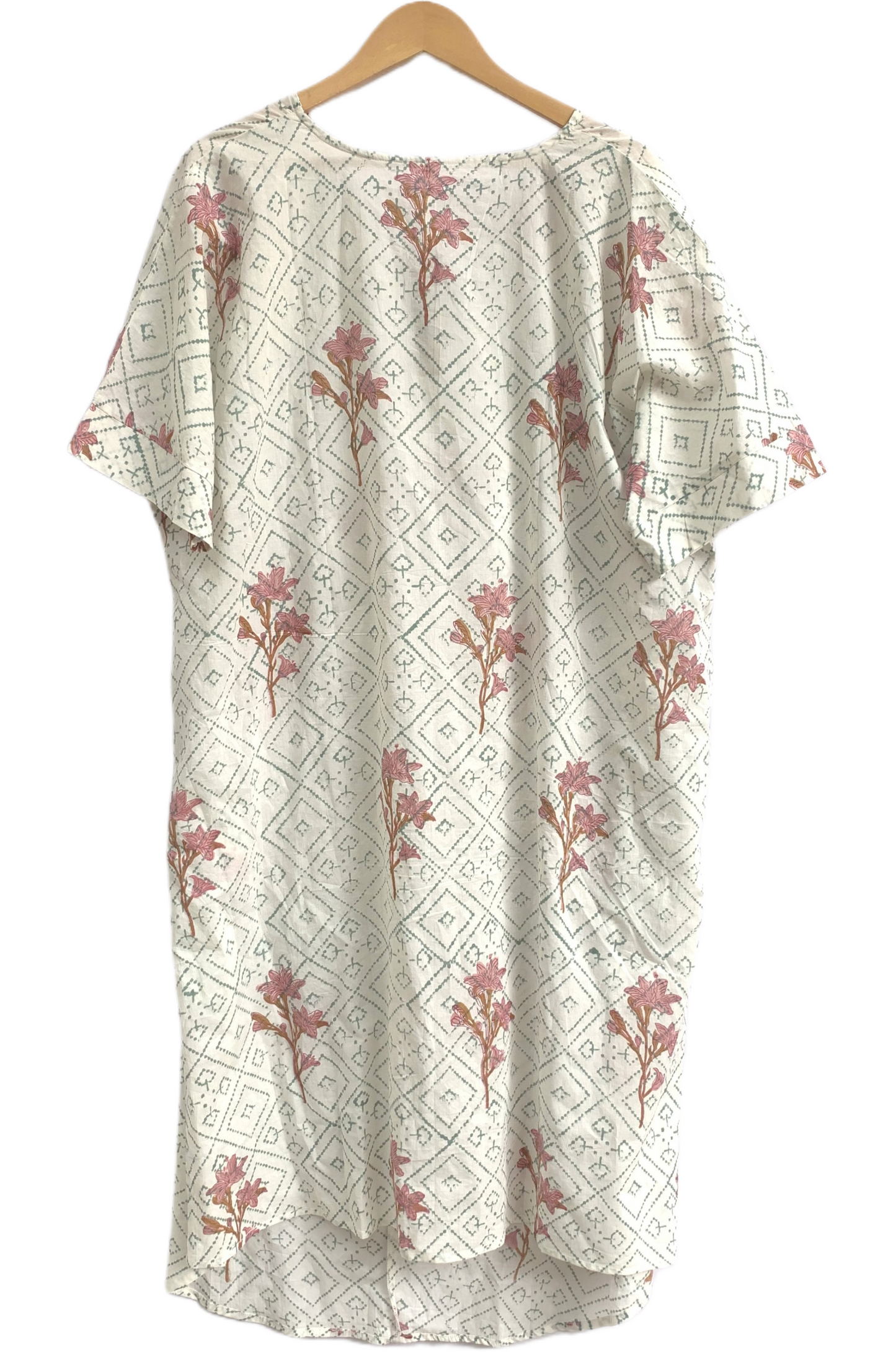 Ivory Floral Geometric Hand Block Print Cotton Beach Mini Kaftan Dress– Boho Resort Tunic with V Neck & Relaxed Fit