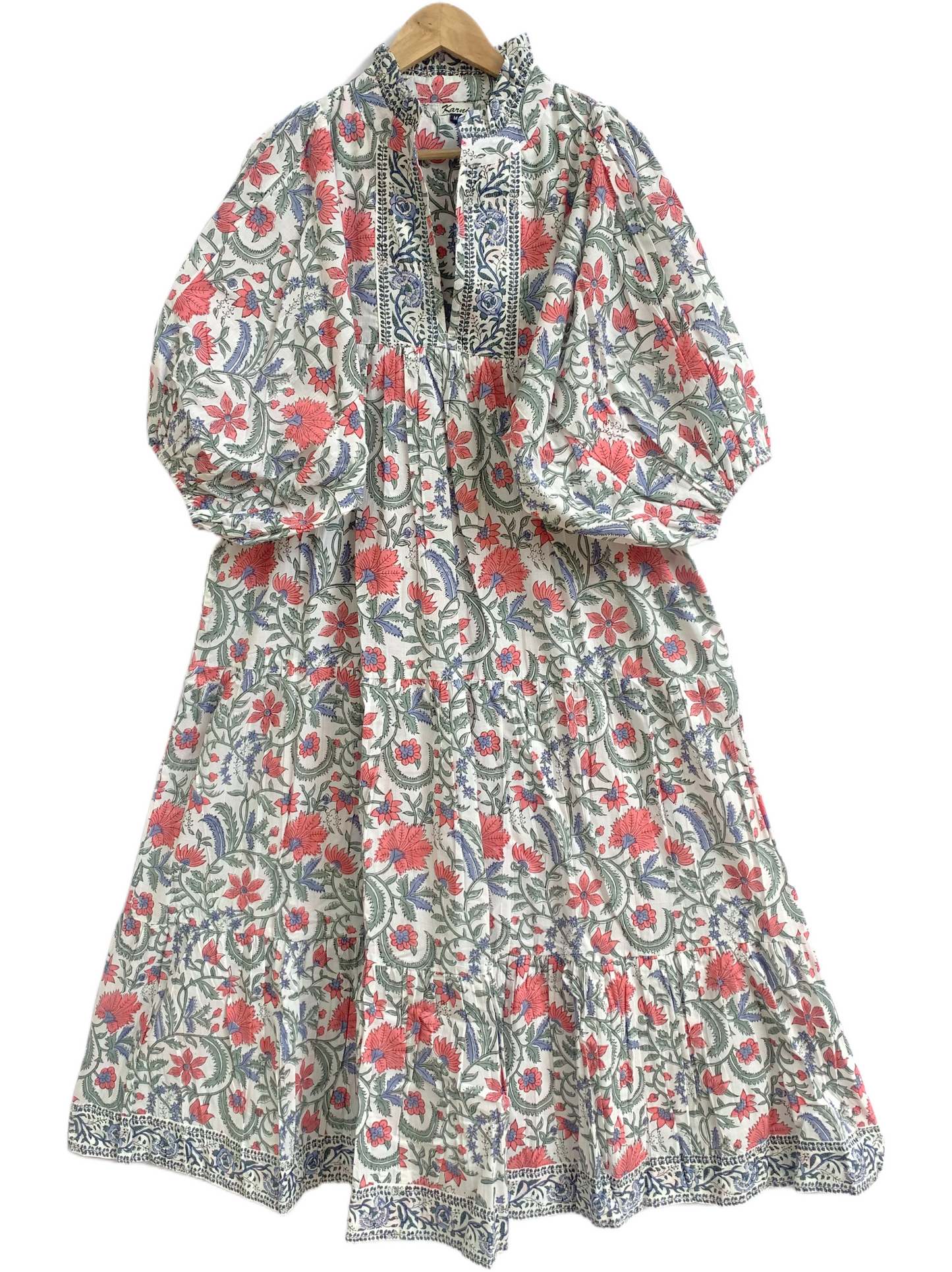 Cream Floral Hand Block Print Cotton Maxi Dress – Boho Tiered Dress with Ruffle Neck